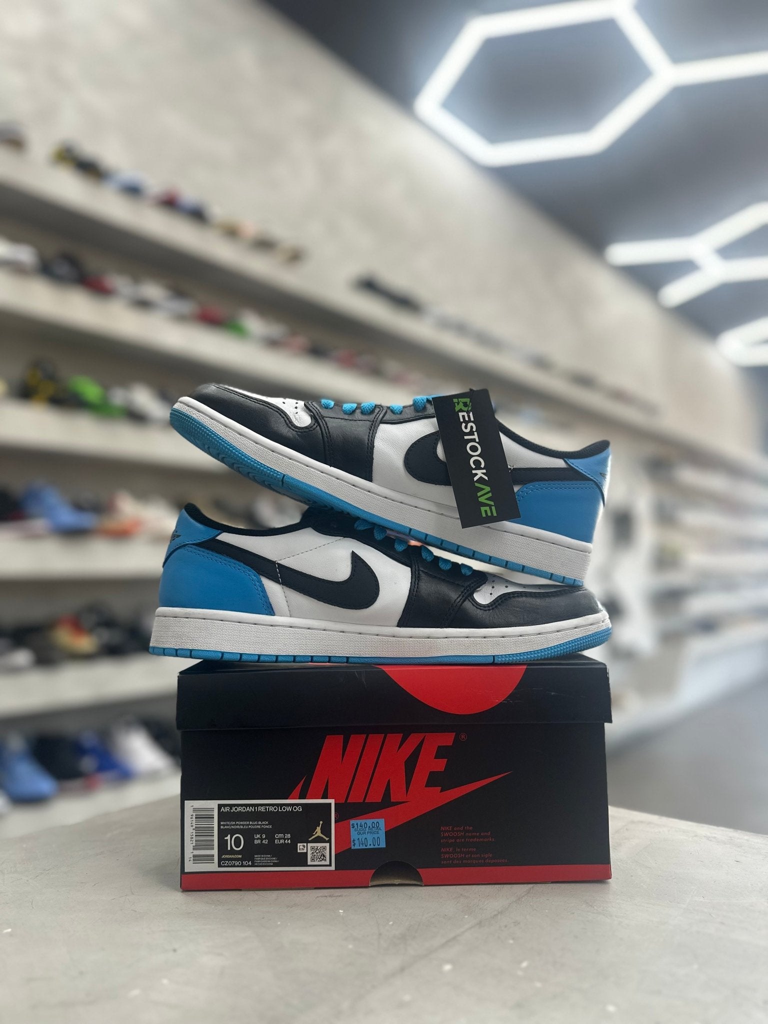 Jordan 1 Retro Low OG Black Dark Powder Blue Sz 10 (PREOWNED) - Restock AveJordan 1 Retro Low OG Black Dark Powder Blue Sz 10 (PREOWNED)Restock AveRestock Ave10Restock Ave