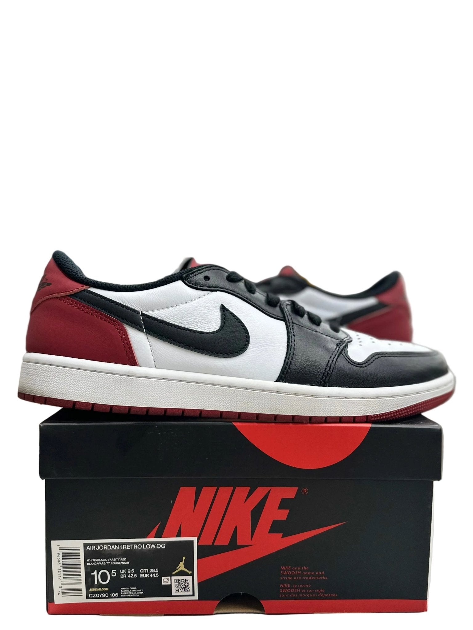 Jordan 1 Retro Low OG Black Toe Sz 10.5 (PREOWNED) - Restock AveJordan 1 Retro Low OG Black Toe Sz 10.5 (PREOWNED)Restock AveRestock Ave10.5Restock Ave
