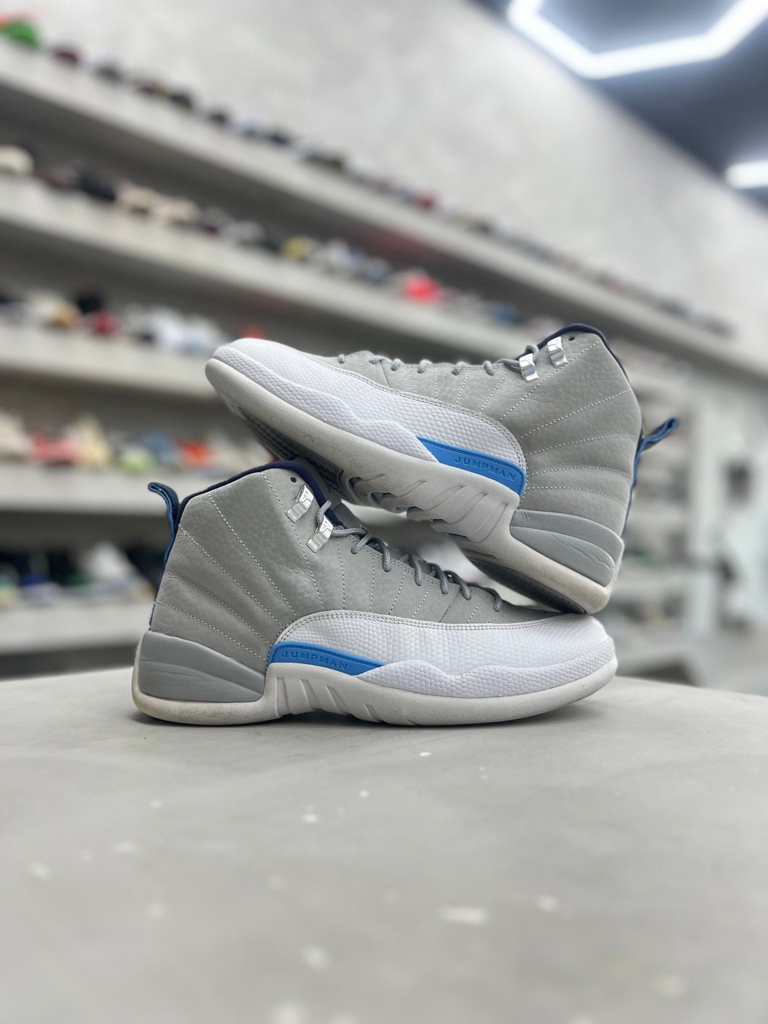 Jordan 12 Retro Grey University Blue Sz 8.5 (PREOWNED)(NO Box) - Restock AveJordan 12 Retro Grey University Blue Sz 8.5 (PREOWNED)(NO Box)Restock AveRestock Ave8.5Restock Ave