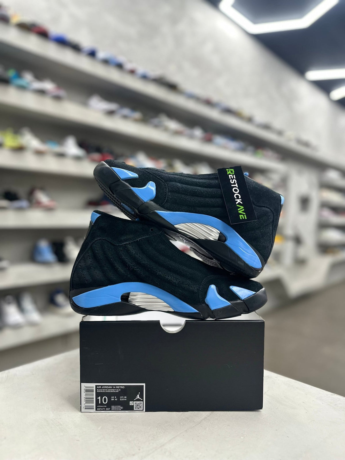 Jordan 14 Retro Black University Blue Sz 10 (PREOWNED) (DAMAGED BOX) - Restock AveJordan 14 Retro Black University Blue Sz 10 (PREOWNED) (DAMAGED BOX)Restock AveRestock Ave10Restock Ave