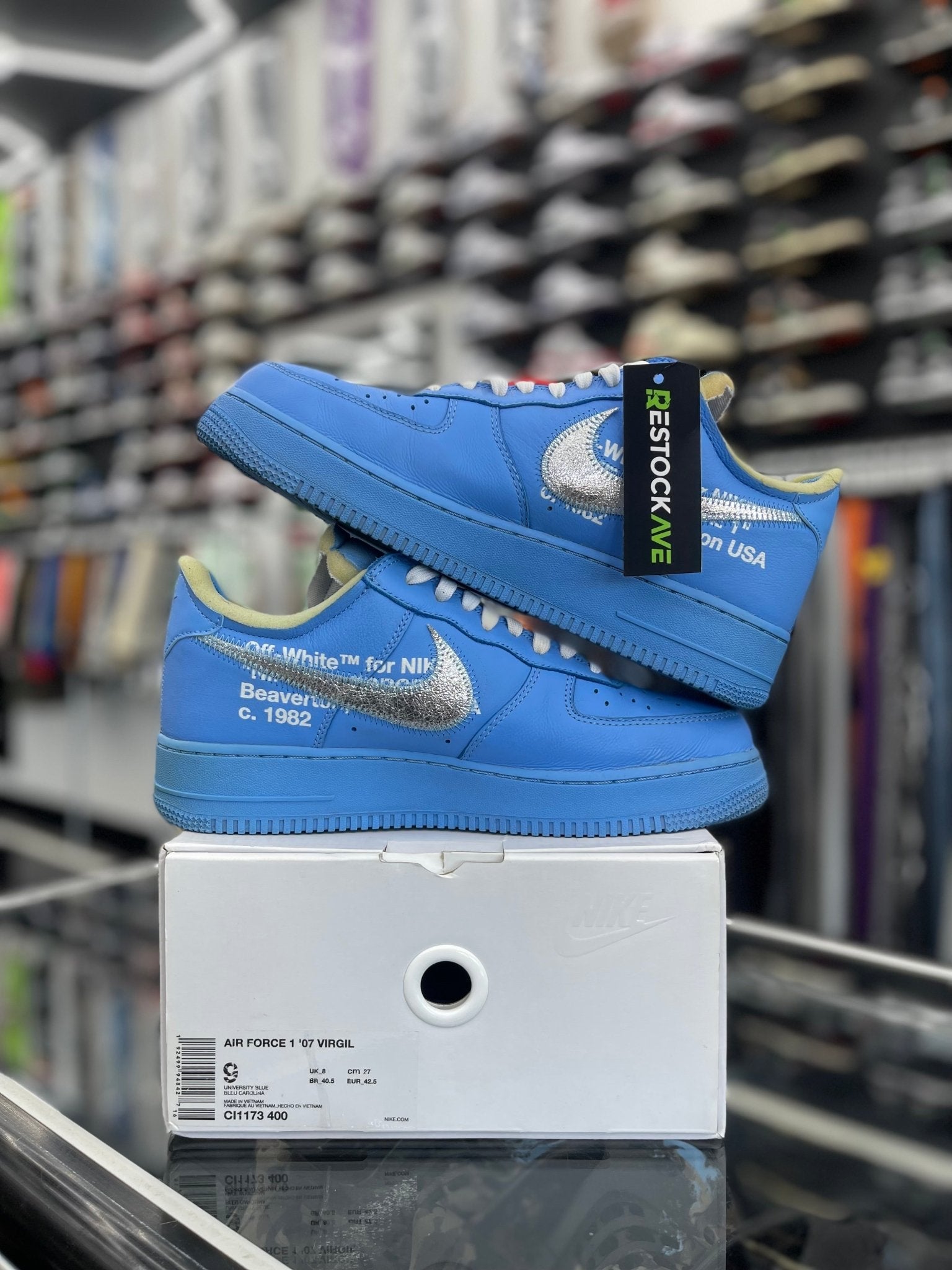 NIKE AIR FORCE 1 LOW OFF-WHITE MCA UNIVERSITY BLUE SZ 9 (PREOWNED