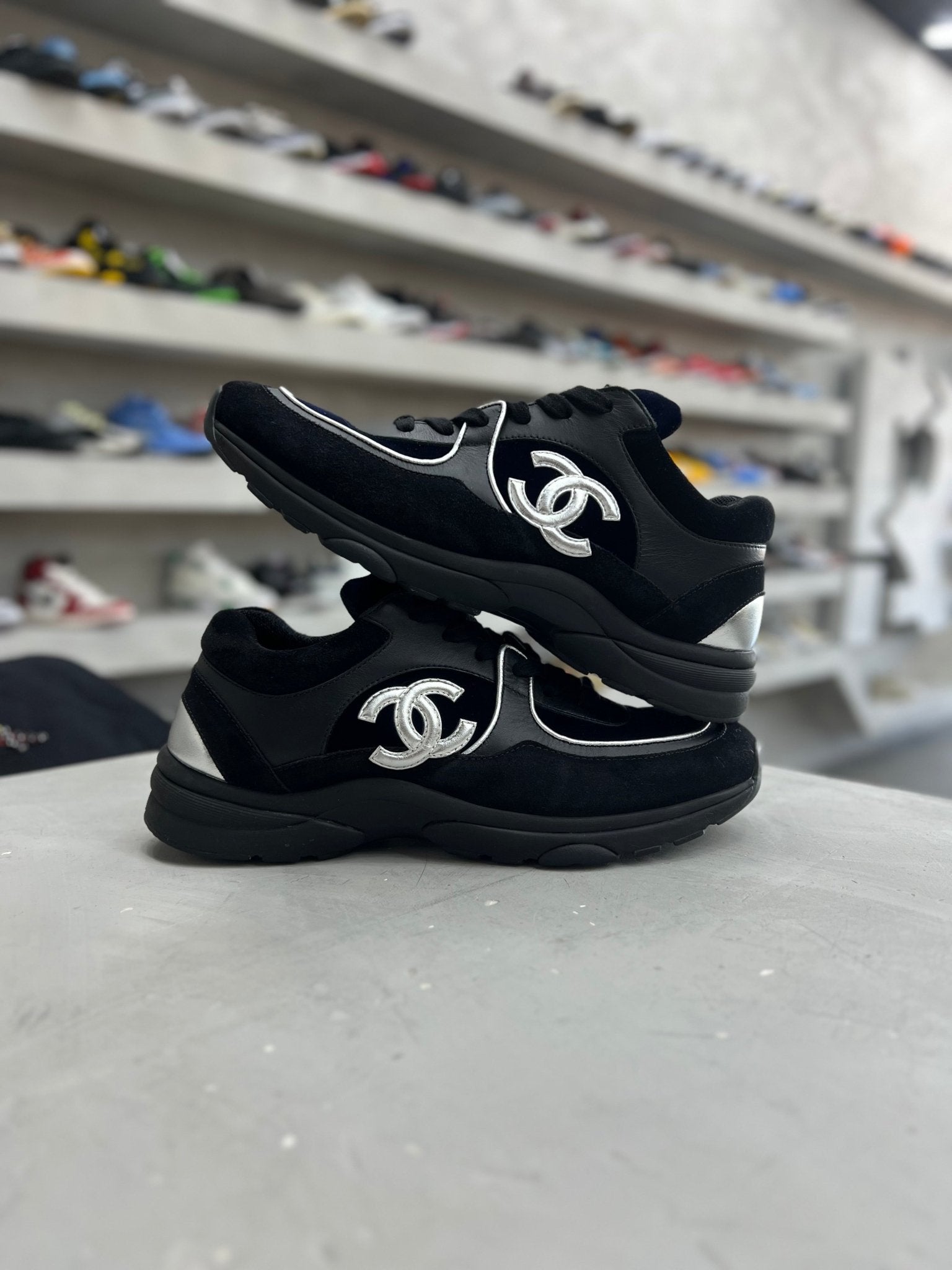These are Chanel Suede Velvet Lambskin CC Sneakers Sz 9 (PREOWNED